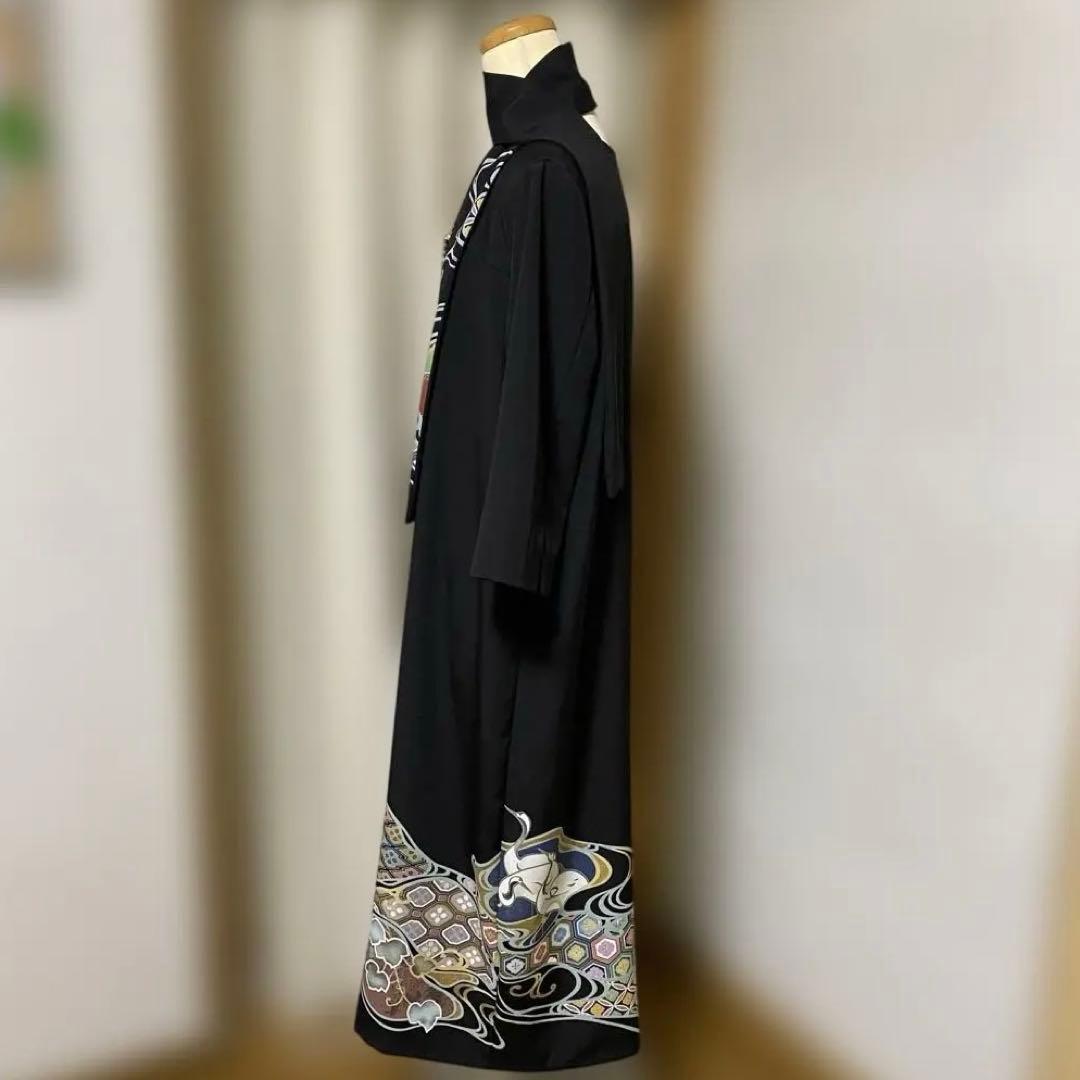 《LL 118cm》黒留袖リメイク ヨーク切り替え 七分袖 ワンピース