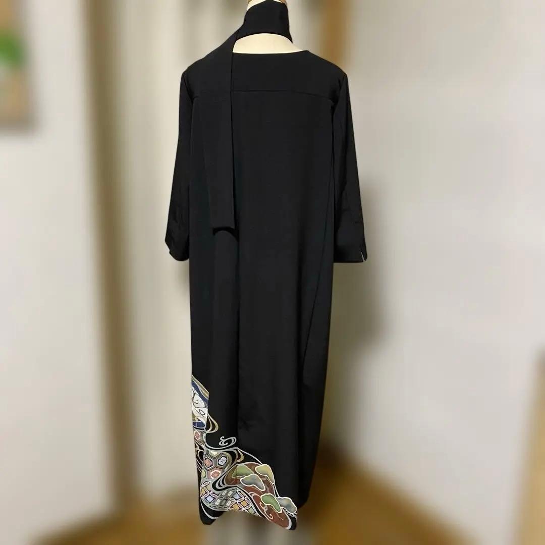 《LL 118cm》黒留袖リメイク ヨーク切り替え 七分袖 ワンピース