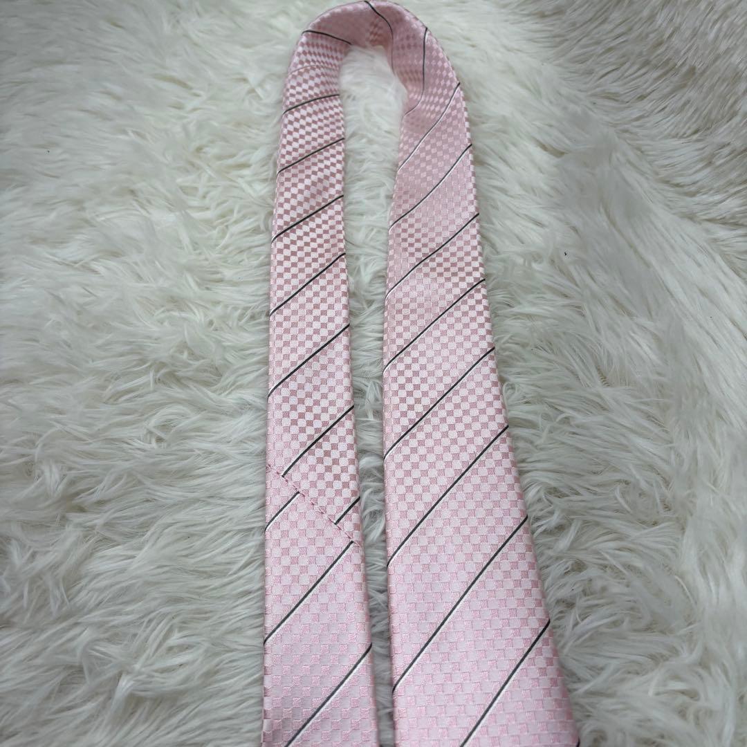 極美品 ルイヴィトン マイクロダミエ ストライプ 現行 シルク ネクタイ ピンク