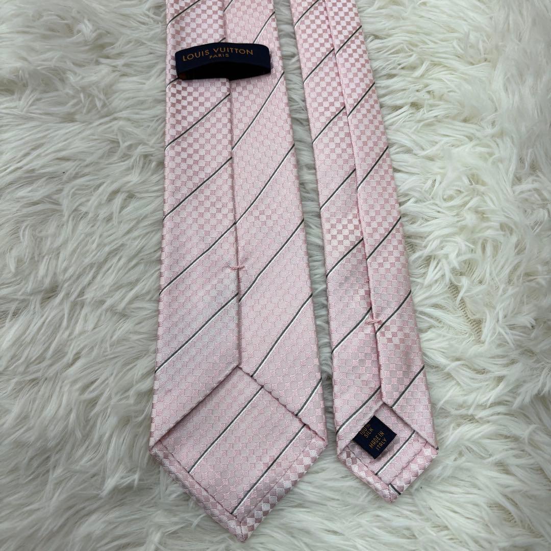 極美品 ルイヴィトン マイクロダミエ ストライプ 現行 シルク ネクタイ ピンク