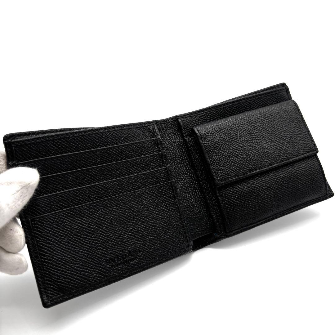 美品 ブルガリ ビーゼロワン 二つ折り財布 ロゴ金具 レザー バイカラー 黒 青