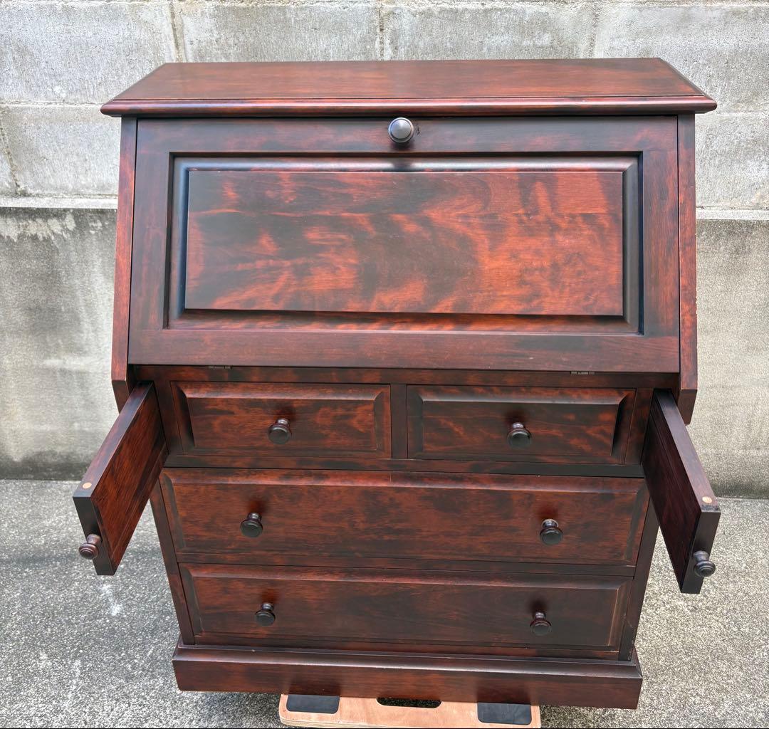 【長野松本民芸家具】天然木ライティングビューロー ダークブラウン　デスクチェスト