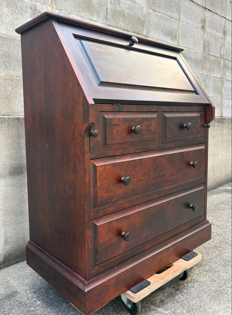 【長野松本民芸家具】天然木ライティングビューロー ダークブラウン　デスクチェスト