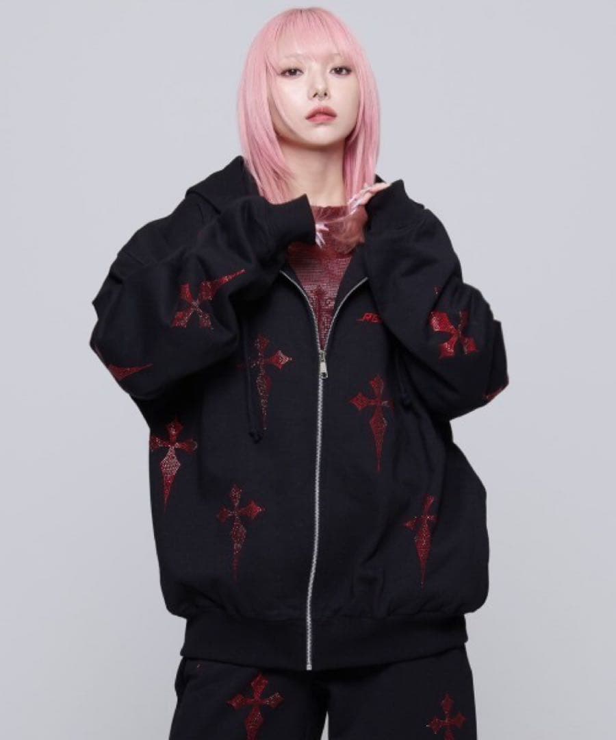 REFLEM レフレム ラインストーン ジップアップパーカー レッド 赤