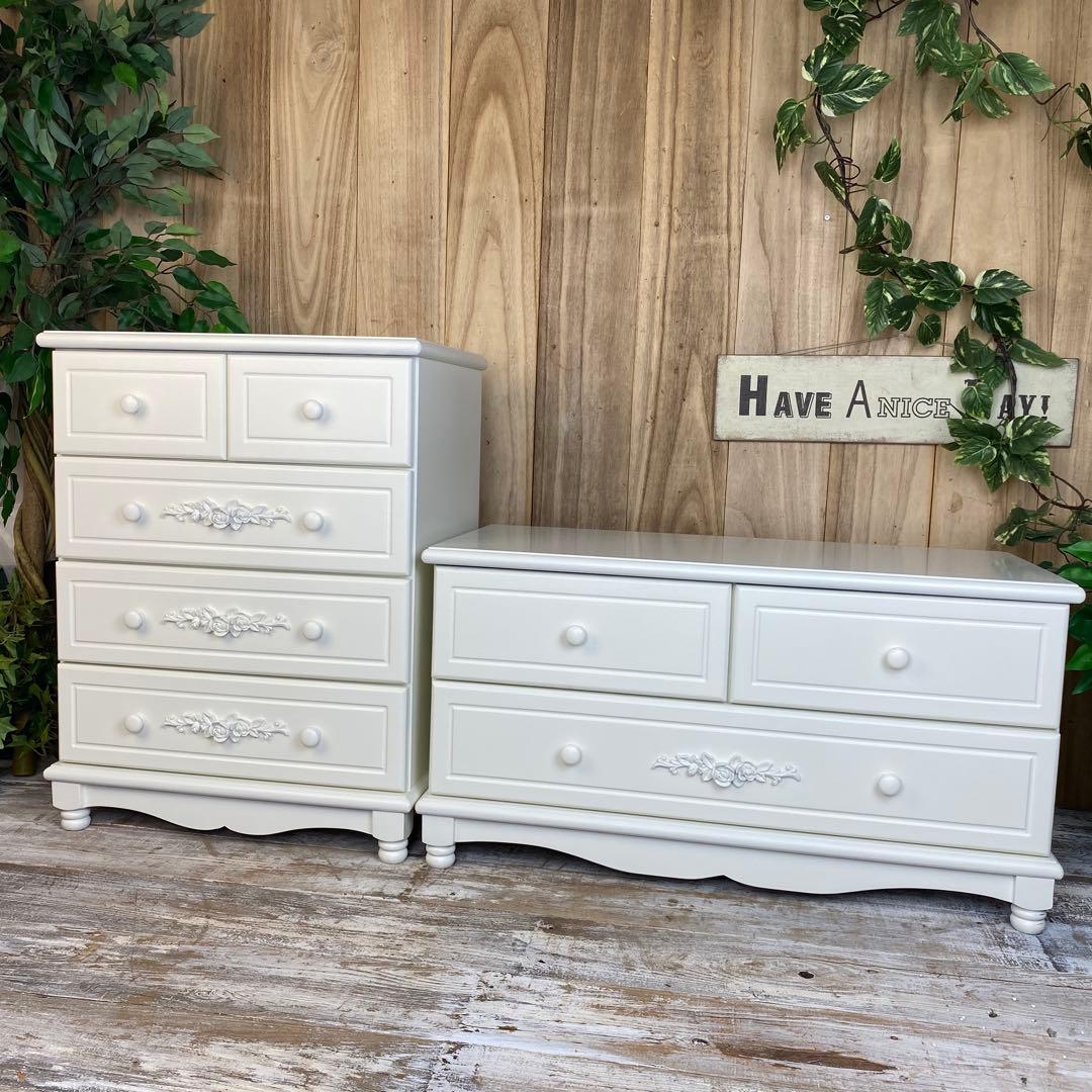 フレンチカントリー調ホワイトチェスト2点セット木製収納家具飾り棚姫系洋タンス