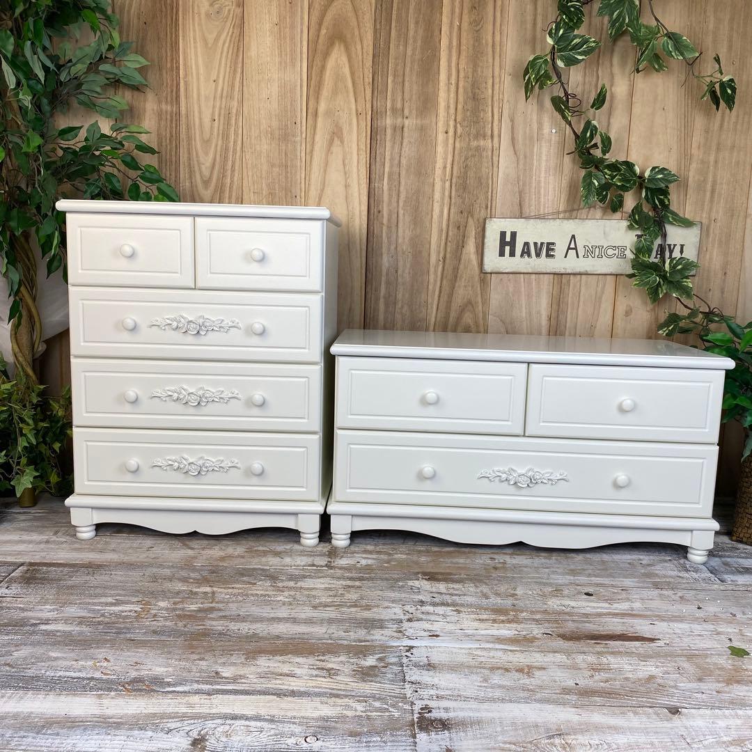 フレンチカントリー調ホワイトチェスト2点セット木製収納家具飾り棚姫系洋タンス