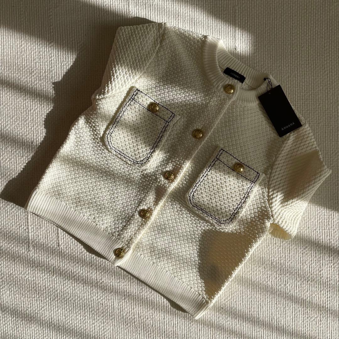 【定価19,800円】anuans ノーカラーニットジャケット ホワイト S