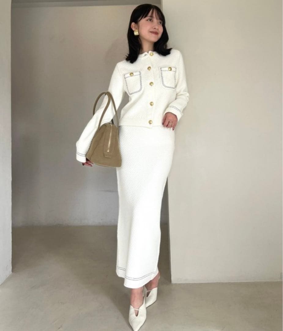 【定価19,800円】anuans ノーカラーニットジャケット ホワイト S