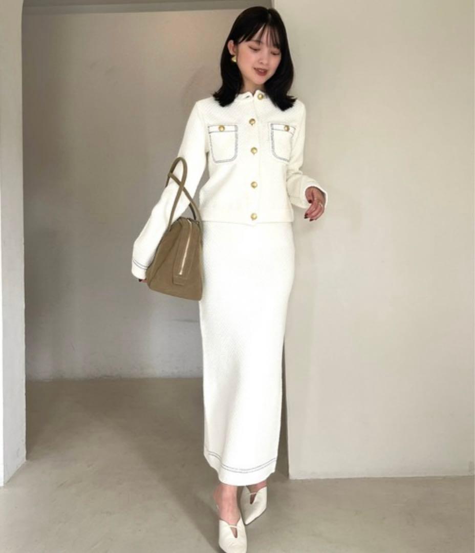 【定価19,800円】anuans ノーカラーニットジャケット ホワイト S