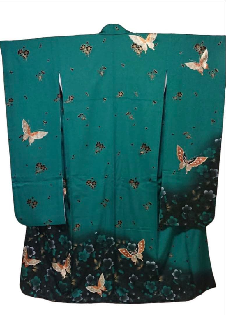 濃青緑振袖 蝶模様 金帯付　セット　成人式　正絹　振袖　身長170cm位迄　美品