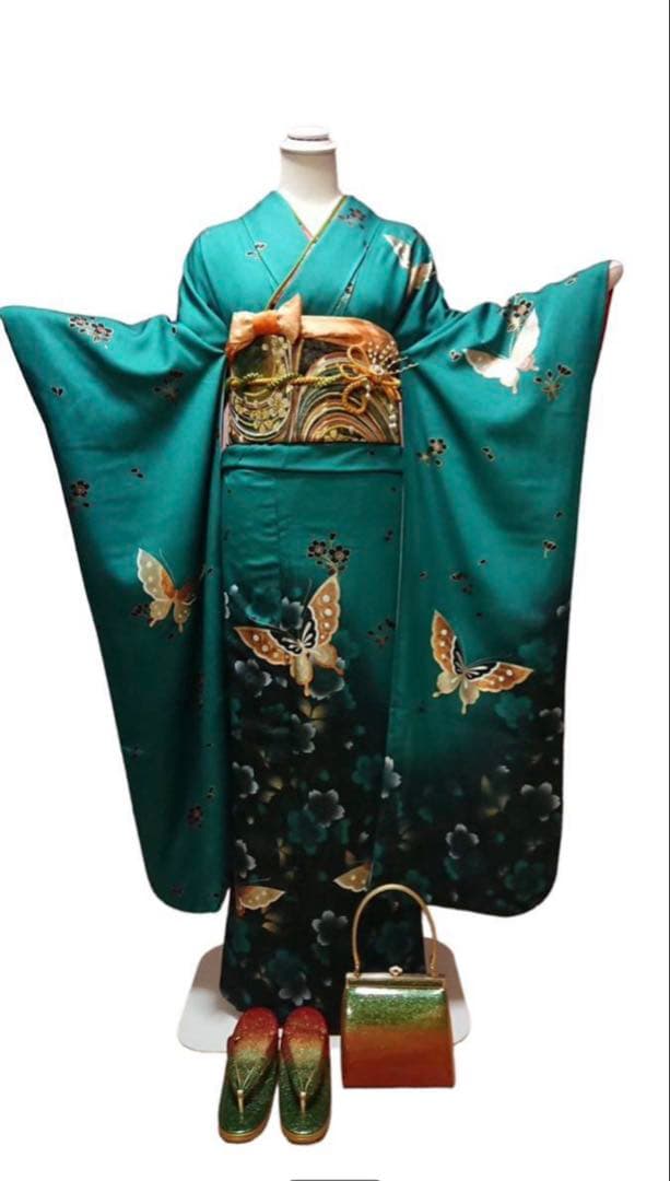 濃青緑振袖 蝶模様 金帯付　セット　成人式　正絹　振袖　身長170cm位迄　美品