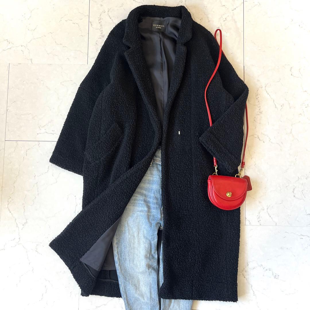 ヴェルメイユパーイエナ 日本製 ウールボア ロングコート 黒 IENA