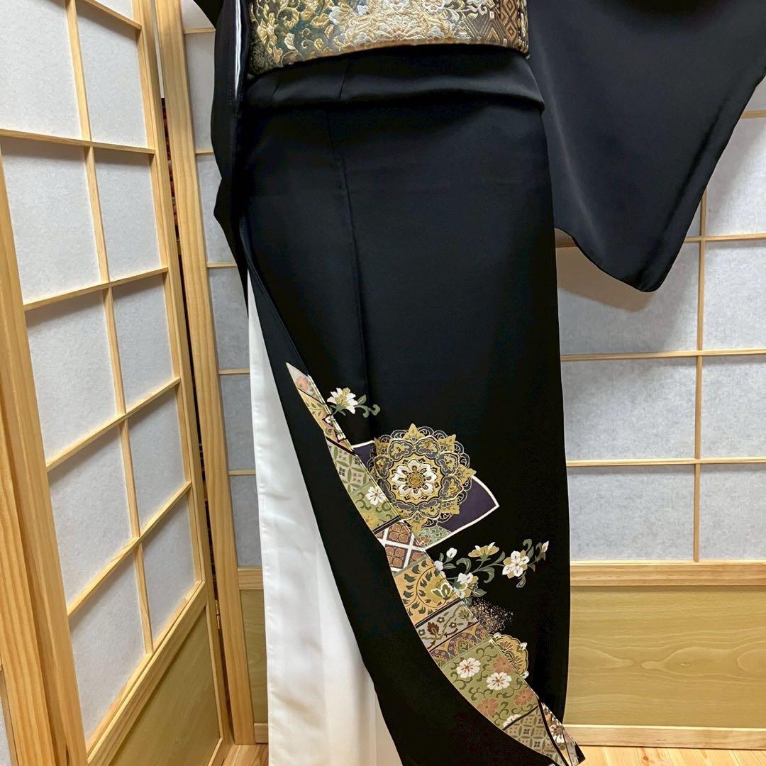 ［7192］［7207］黒留袖 美品 駒刺繍 金彩 比翼付 五つ紋沢瀉正絹着物袷