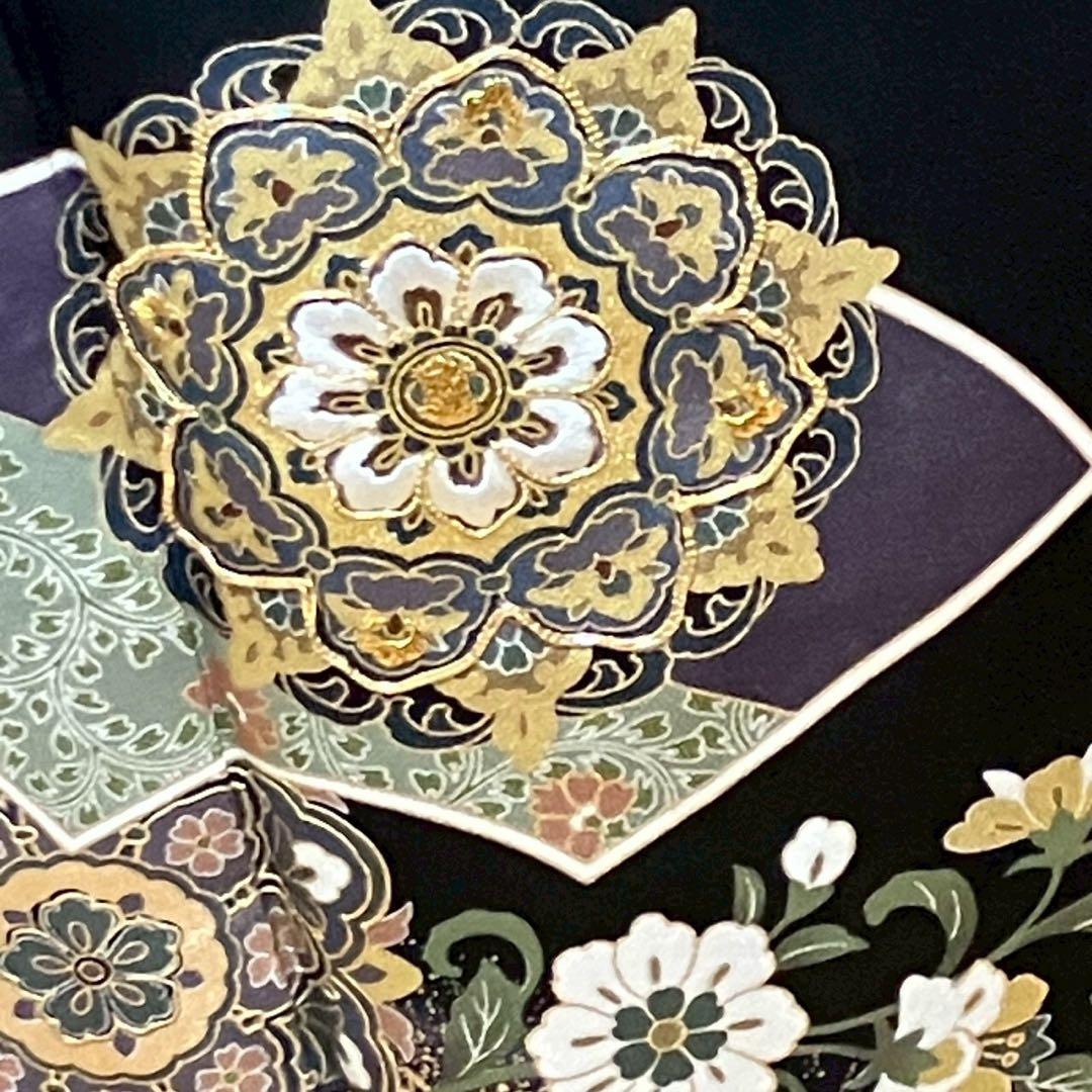 ［7192］［7207］黒留袖 美品 駒刺繍 金彩 比翼付 五つ紋沢瀉正絹着物袷
