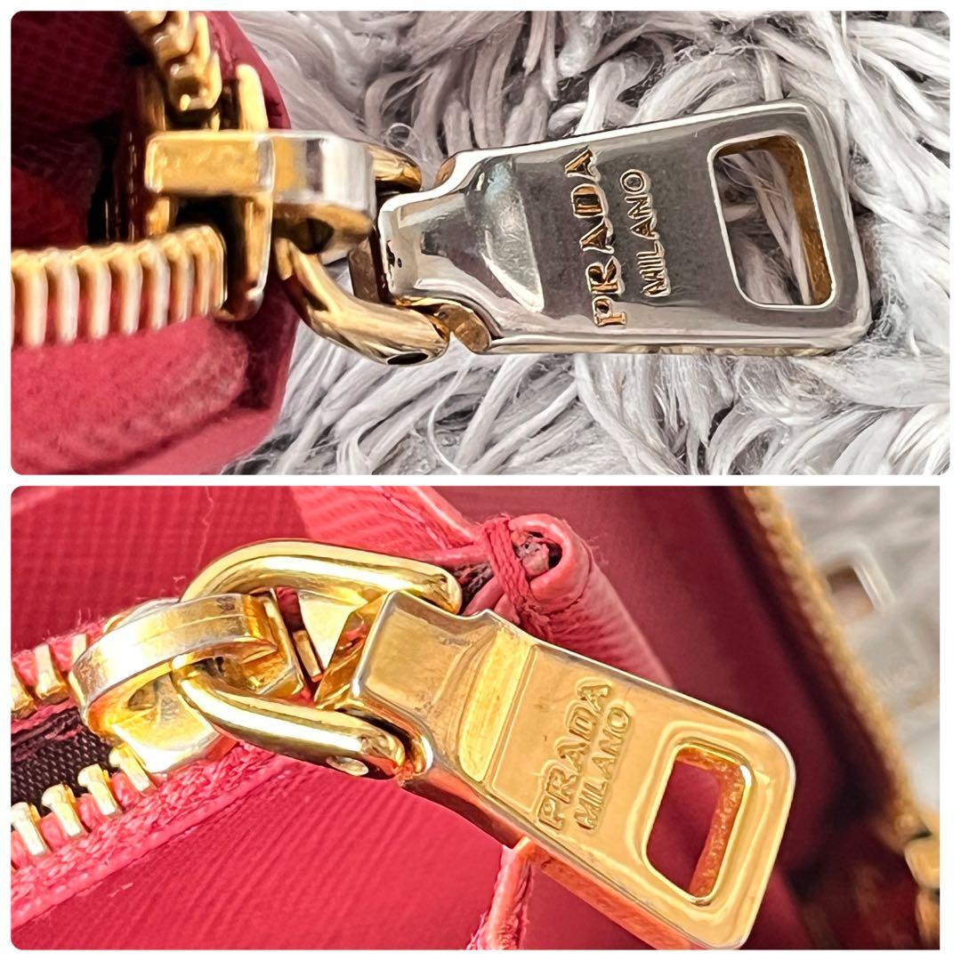 PRADA サフィアーノ　ラウンドファスナー　ゴールド金具　メタルロゴ　ピンク