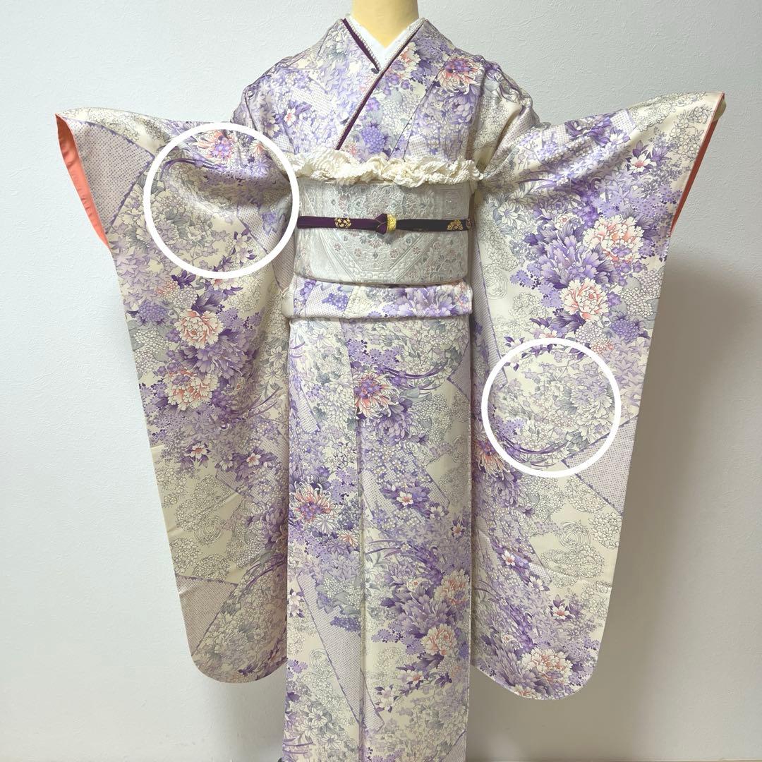 407 振袖フルセット 正絹 薄紫 白 オフホワイト 金彩 総柄 フェミニン