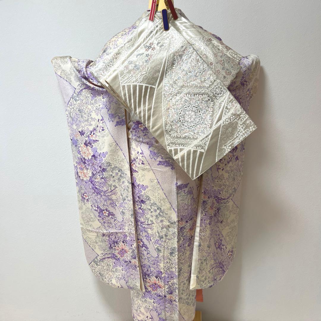 407 振袖フルセット 正絹 薄紫 白 オフホワイト 金彩 総柄 フェミニン