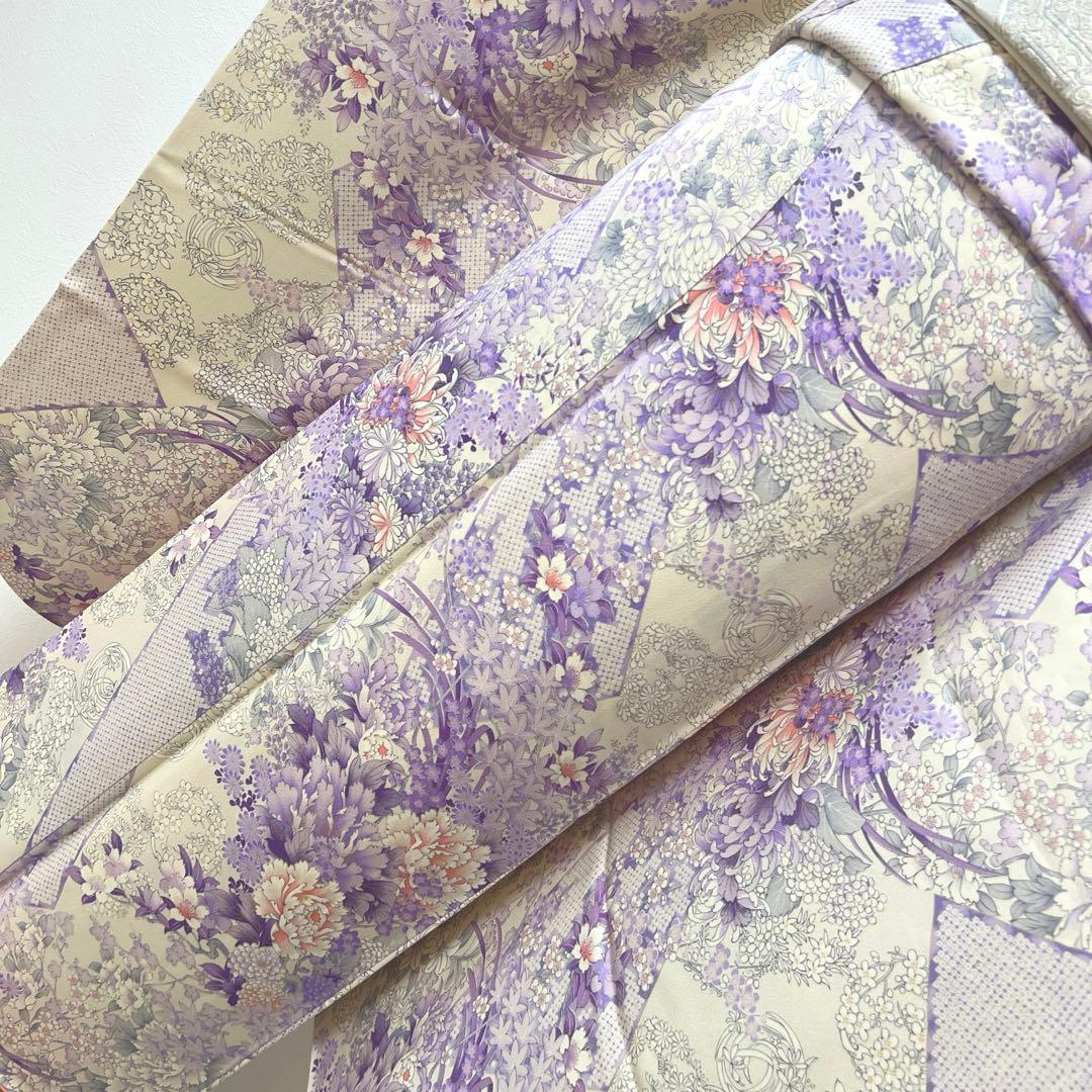 407 振袖フルセット 正絹 薄紫 白 オフホワイト 金彩 総柄 フェミニン