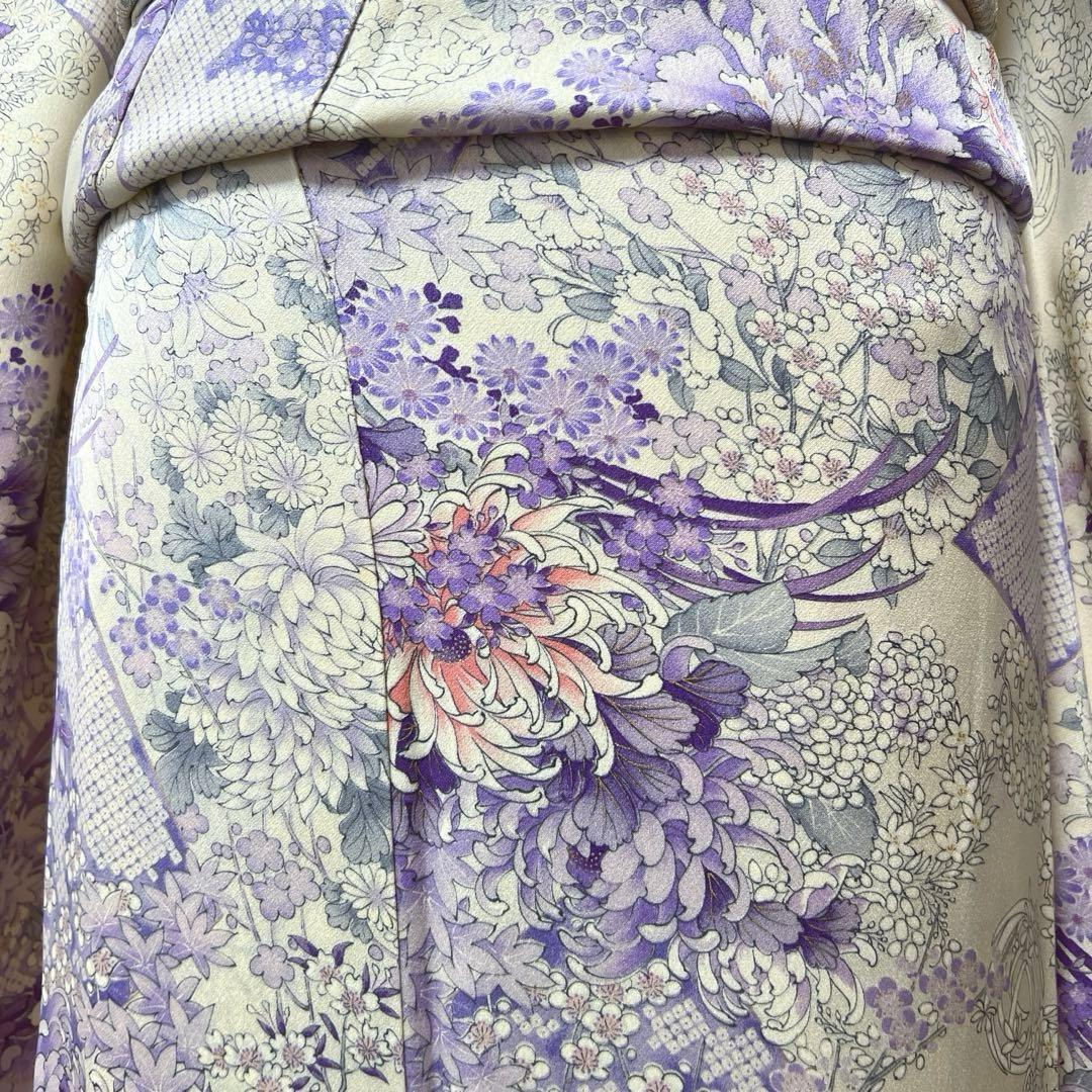 407 振袖フルセット 正絹 薄紫 白 オフホワイト 金彩 総柄 フェミニン