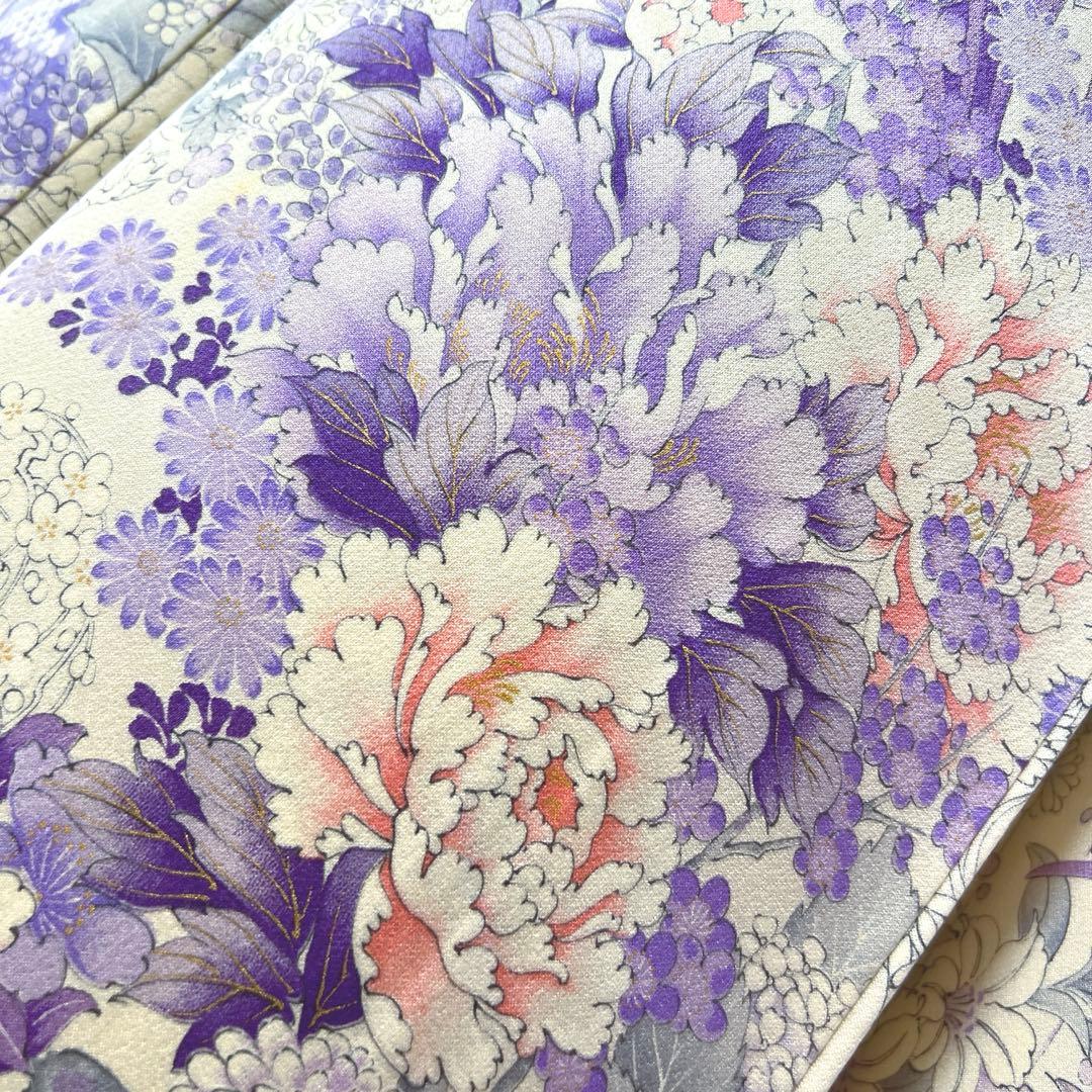 407 振袖フルセット 正絹 薄紫 白 オフホワイト 金彩 総柄 フェミニン