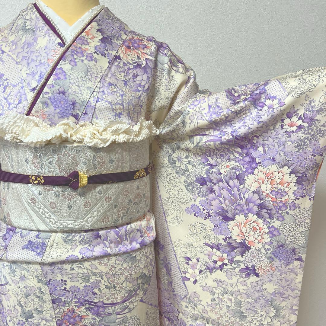 407 振袖フルセット 正絹 薄紫 白 オフホワイト 金彩 総柄 フェミニン