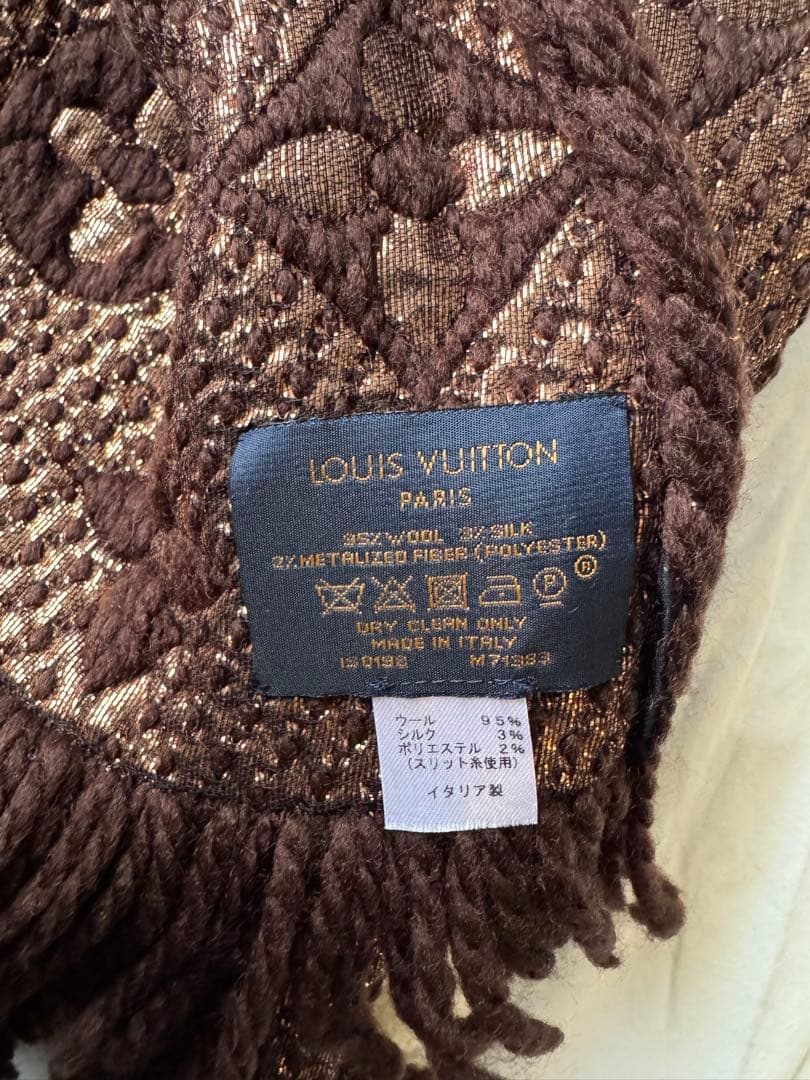 ブラウン ニットマフラー ロゴ入り フリンジ付き