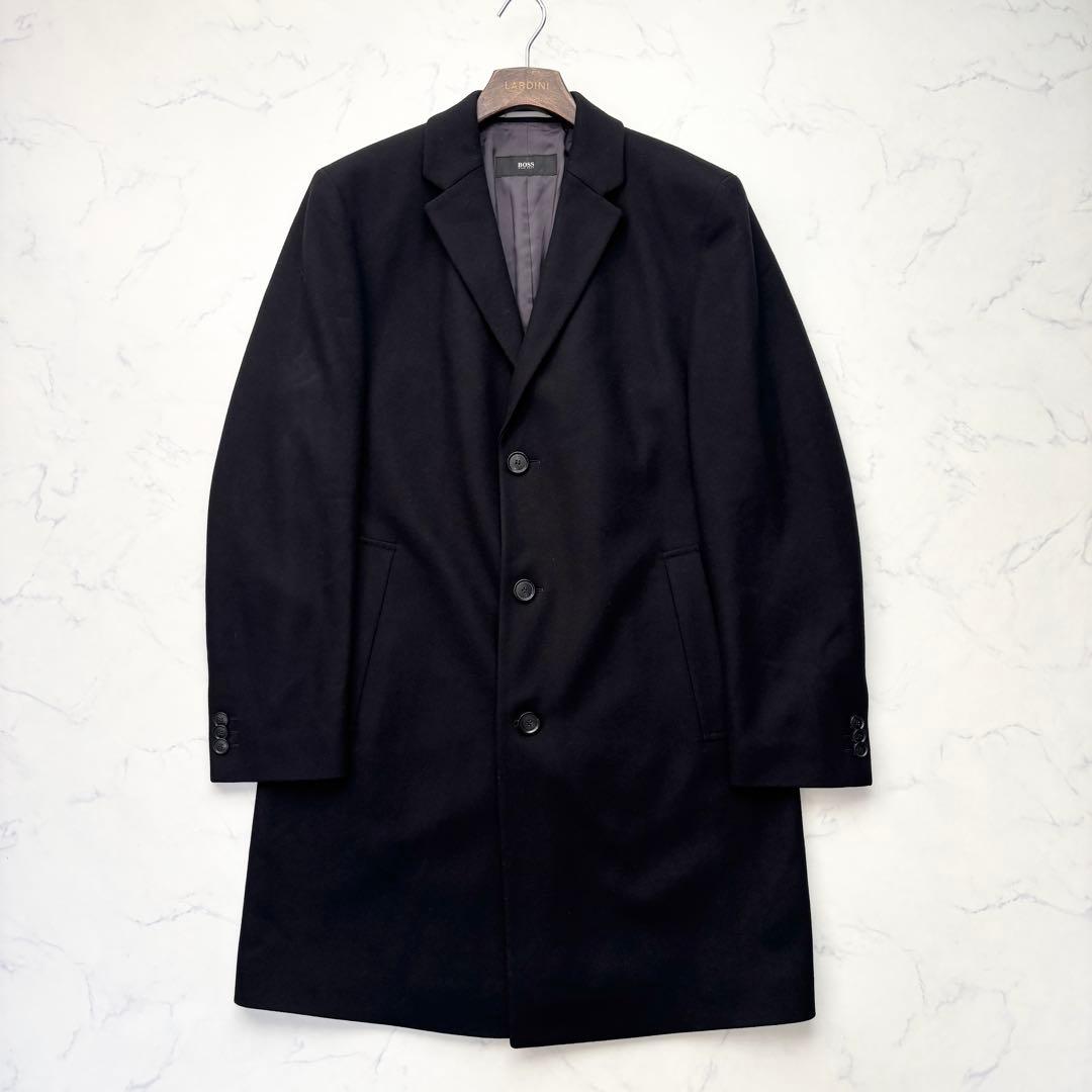 極美品 ヒューゴボス チェスターコート ロング丈 ブラック 52 3L