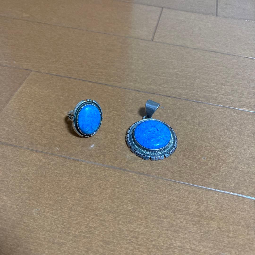 青い石の16号シルバーリングとペンダントセット