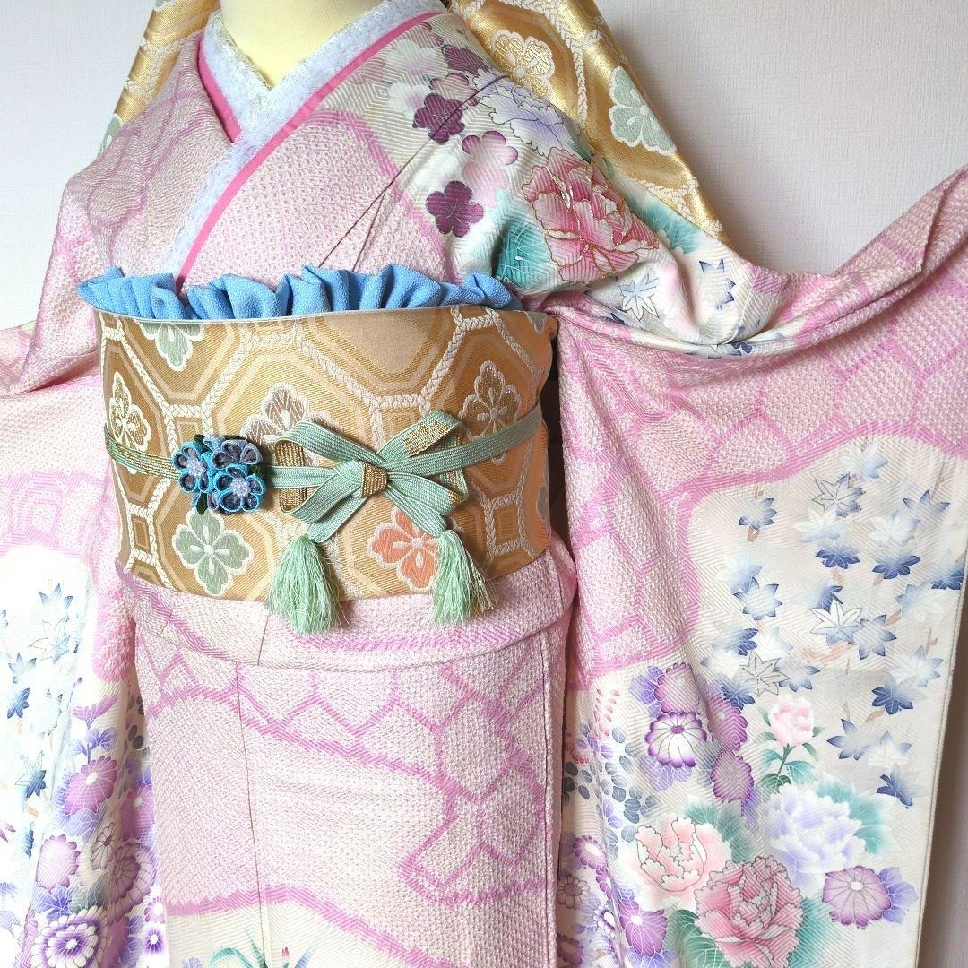 振袖セット　花車文　正絹　友禅　金駒刺繍　入子菱地紋　金彩加工　高級手絞り 17