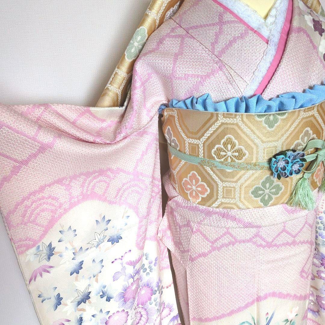 振袖セット　花車文　正絹　友禅　金駒刺繍　入子菱地紋　金彩加工　高級手絞り 17