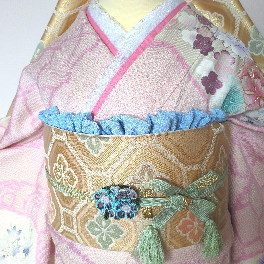振袖セット　花車文　正絹　友禅　金駒刺繍　入子菱地紋　金彩加工　高級手絞り 17