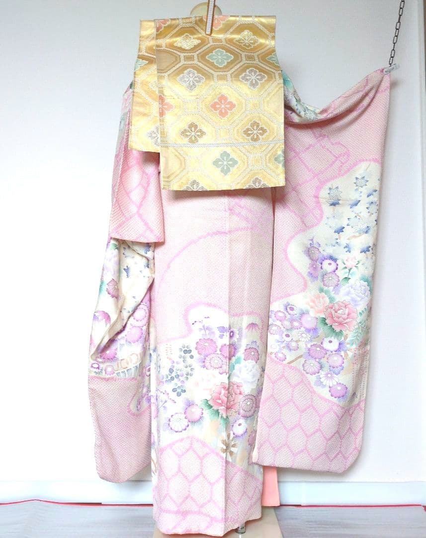 振袖セット　花車文　正絹　友禅　金駒刺繍　入子菱地紋　金彩加工　高級手絞り 17