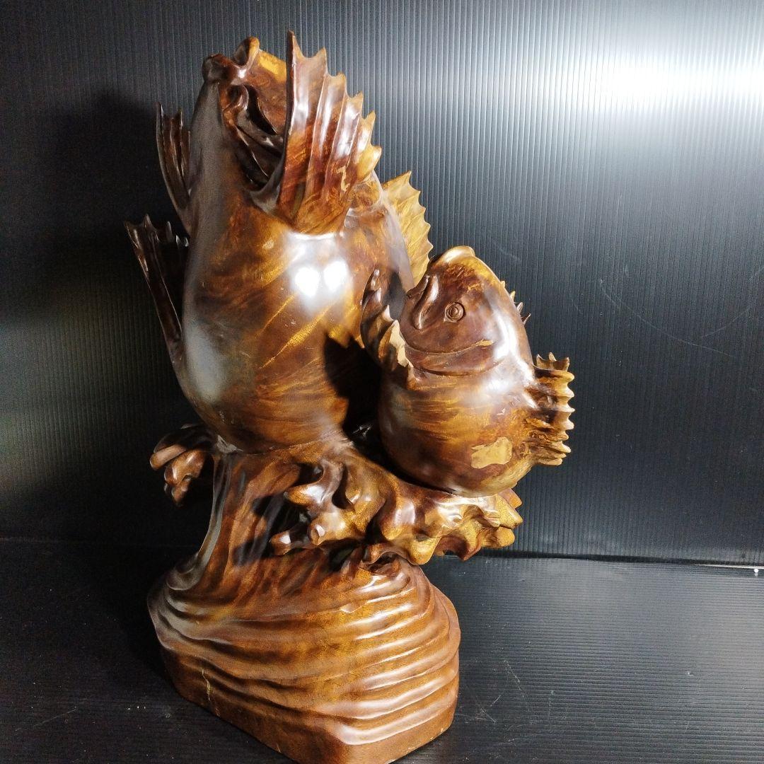 【唐木】花梨 ？鯉 置物 高さ約42.0㎝ 幅約40.0㎝ カリン材 オブジェ