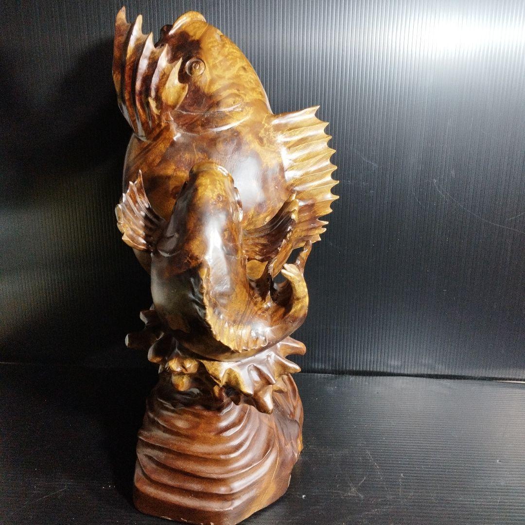 【唐木】花梨 ？鯉 置物 高さ約42.0㎝ 幅約40.0㎝ カリン材 オブジェ