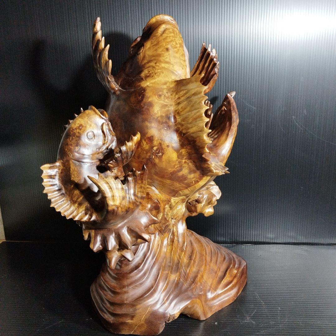 【唐木】花梨 ？鯉 置物 高さ約42.0㎝ 幅約40.0㎝ カリン材 オブジェ