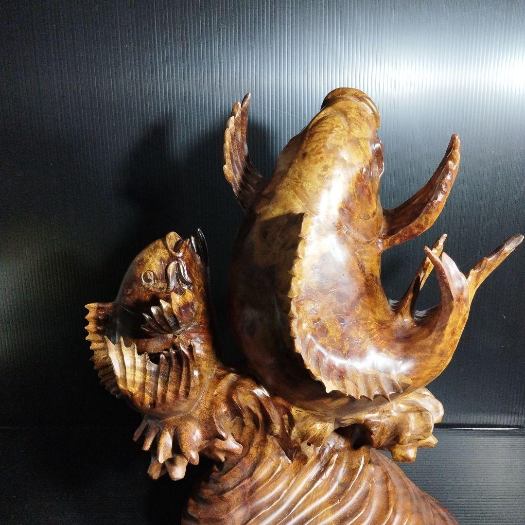 【唐木】花梨 ？鯉 置物 高さ約42.0㎝ 幅約40.0㎝ カリン材 オブジェ