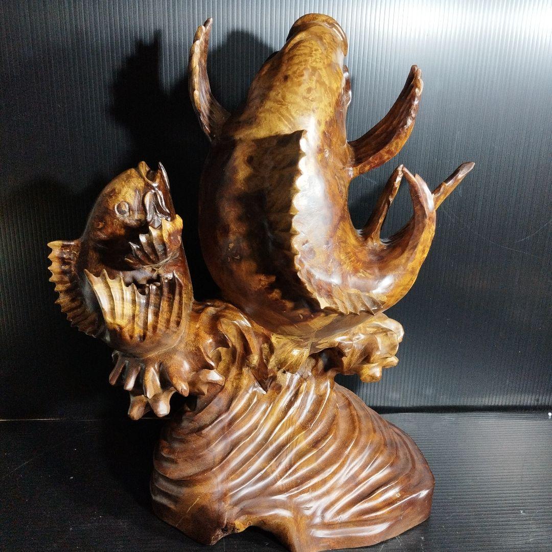 【唐木】花梨 ？鯉 置物 高さ約42.0㎝ 幅約40.0㎝ カリン材 オブジェ