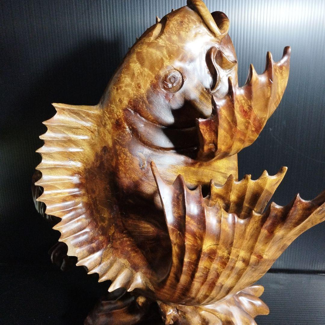 【唐木】花梨 ？鯉 置物 高さ約42.0㎝ 幅約40.0㎝ カリン材 オブジェ