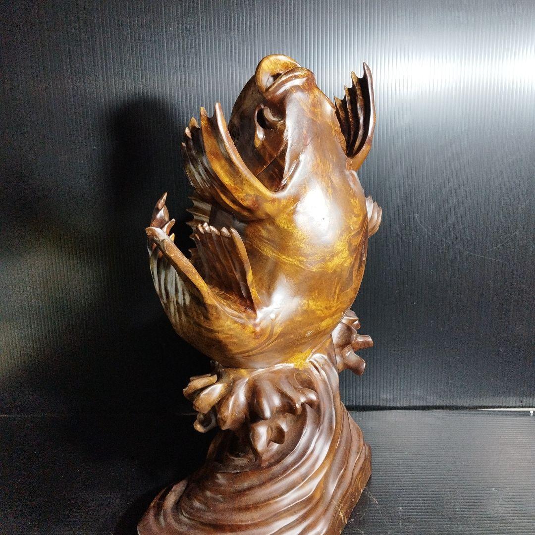 【唐木】花梨 ？鯉 置物 高さ約42.0㎝ 幅約40.0㎝ カリン材 オブジェ