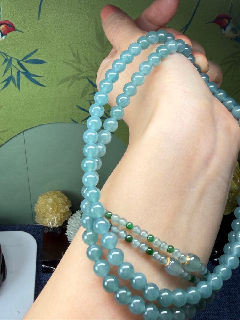 お買い得❣️天然本翡翠　完美度高い、純正ブルー氷藍水一連ネックレス　鑑定書付き