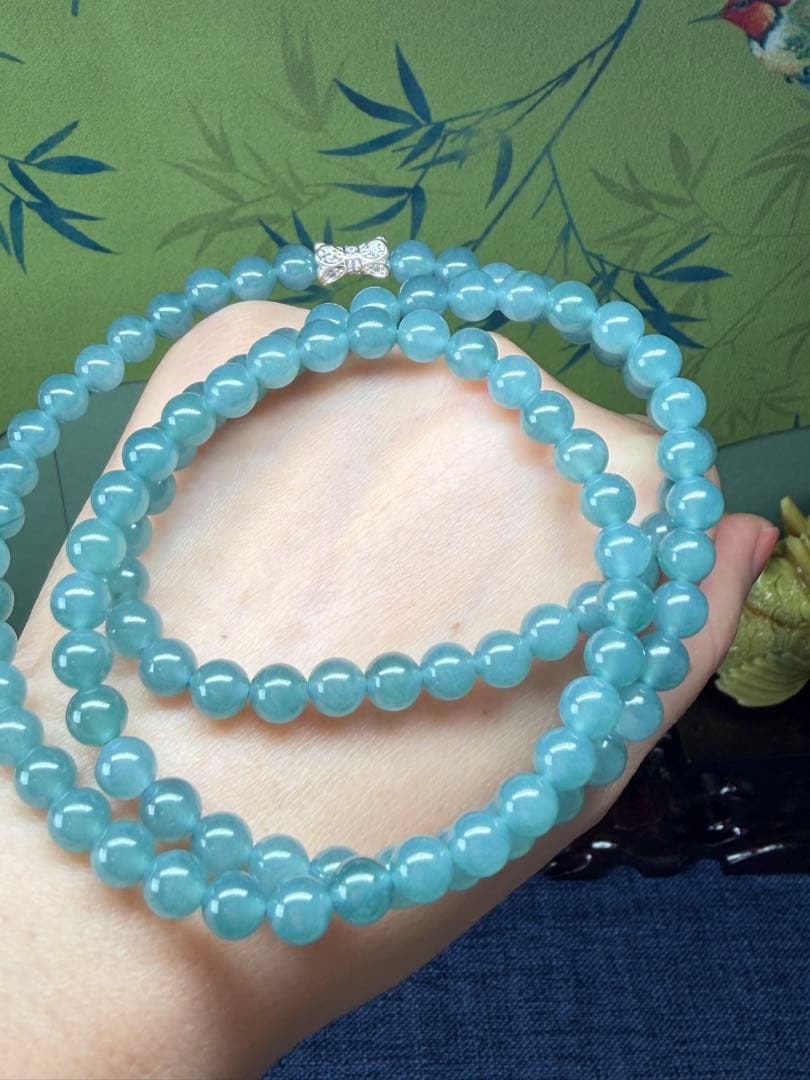 お買い得❣️天然本翡翠　完美度高い、純正ブルー氷藍水一連ネックレス　鑑定書付き