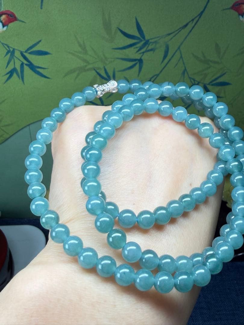 お買い得❣️天然本翡翠　完美度高い、純正ブルー氷藍水一連ネックレス　鑑定書付き