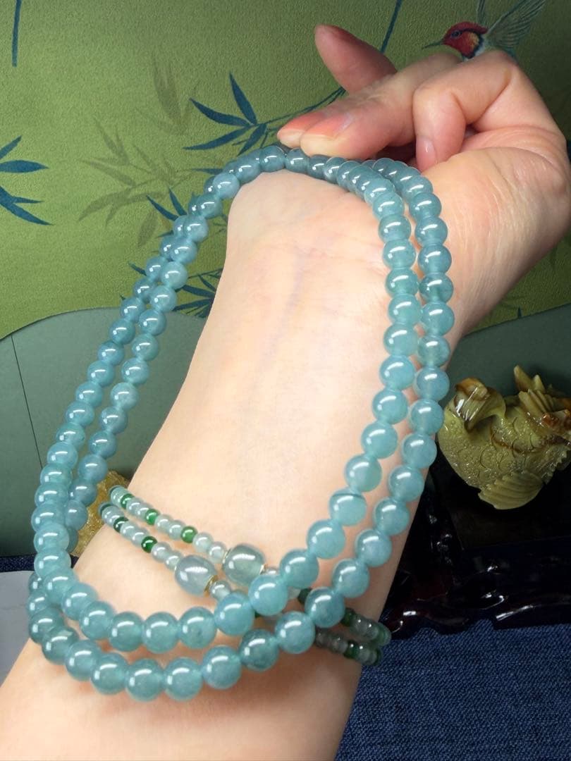 お買い得❣️天然本翡翠　完美度高い、純正ブルー氷藍水一連ネックレス　鑑定書付き