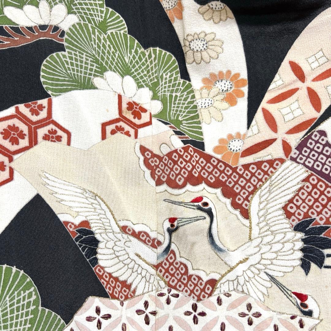 アンティーク　黒留袖　刺繍　束熨斗　巾着　花車　松竹梅　巻物　着物　112b d