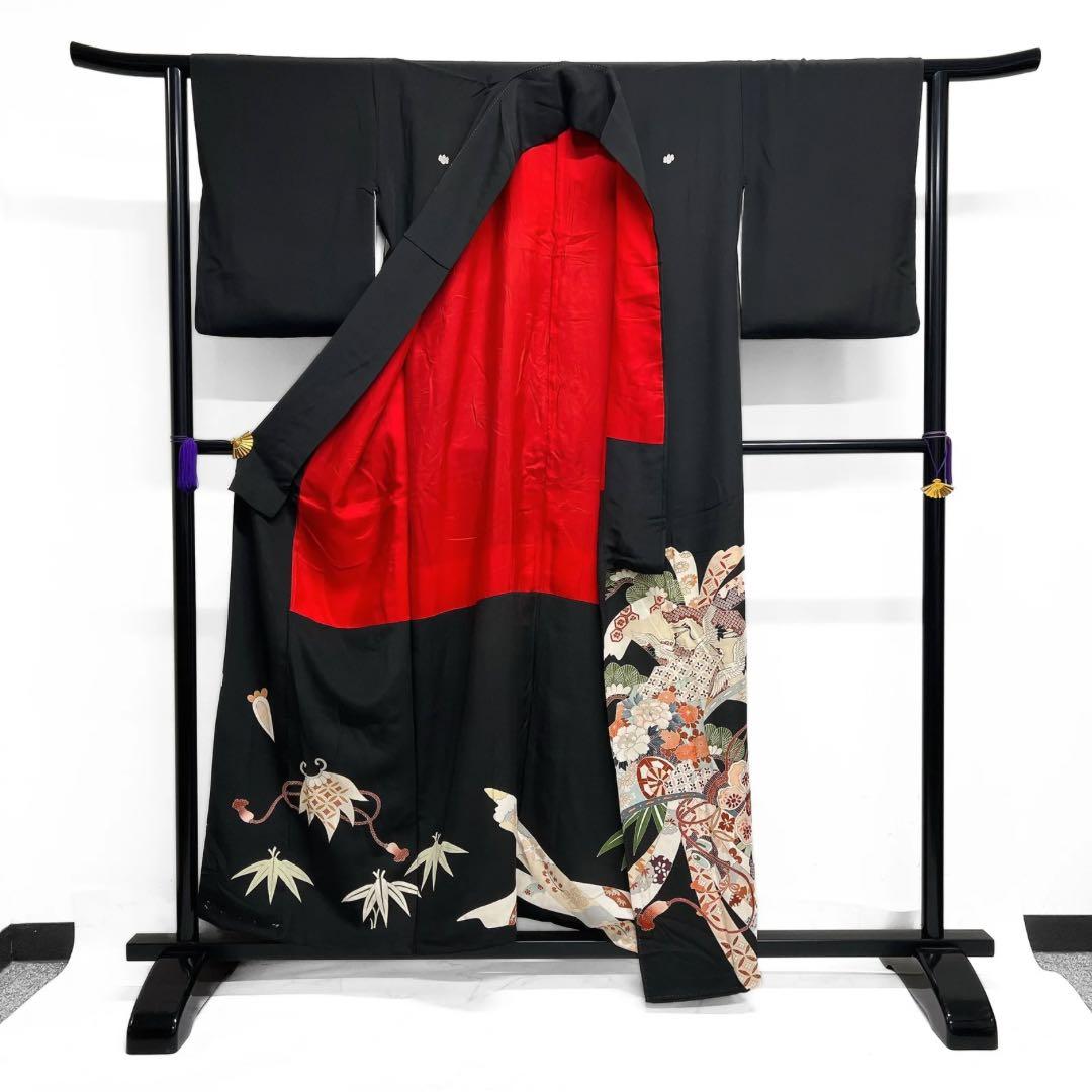 アンティーク　黒留袖　刺繍　束熨斗　巾着　花車　松竹梅　巻物　着物　112b d
