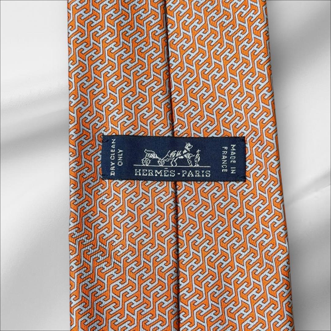 【超美品】エルメス 総柄 H柄 ファソネ オレンジ ホワイト 現行タグ ネクタイ