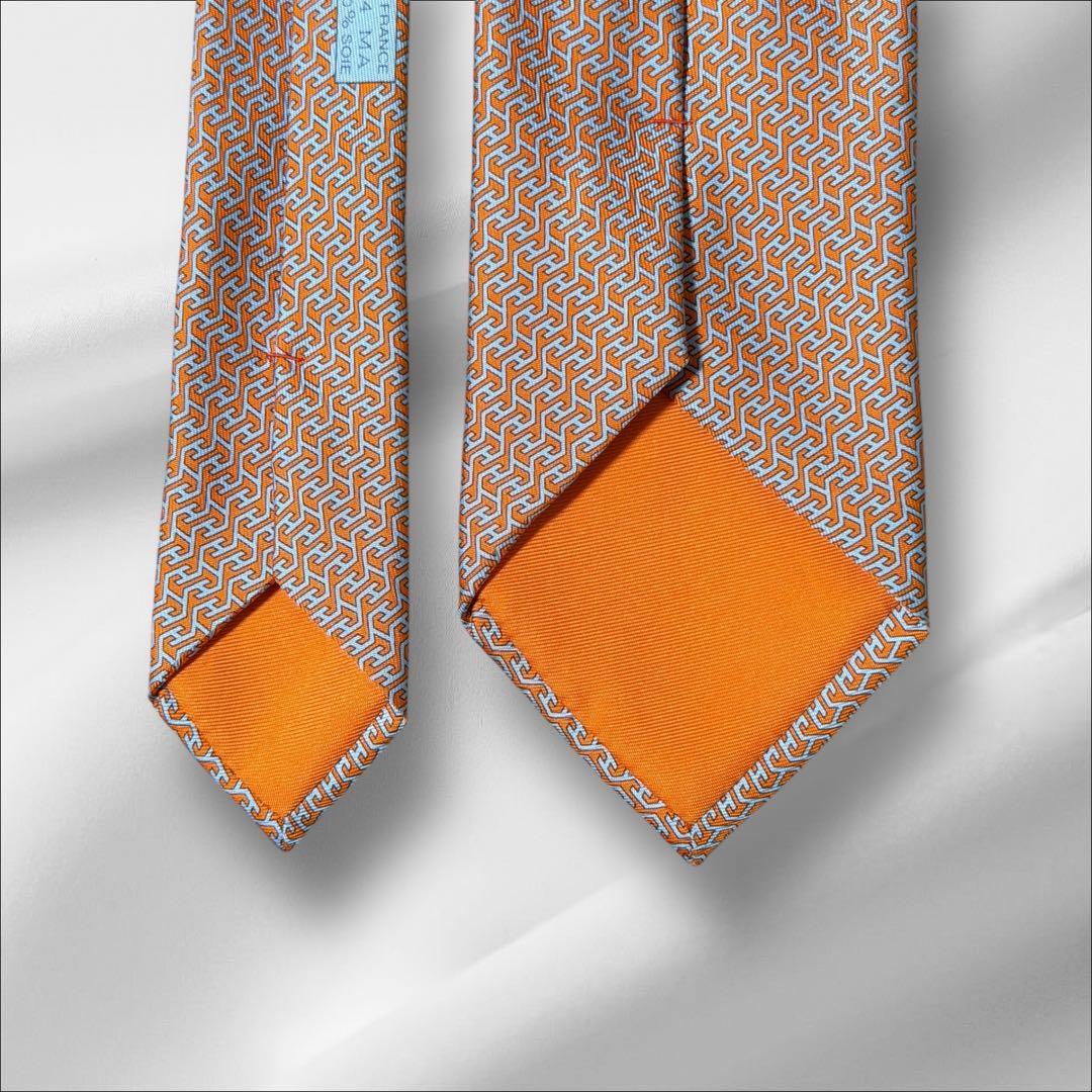 【超美品】エルメス 総柄 H柄 ファソネ オレンジ ホワイト 現行タグ ネクタイ