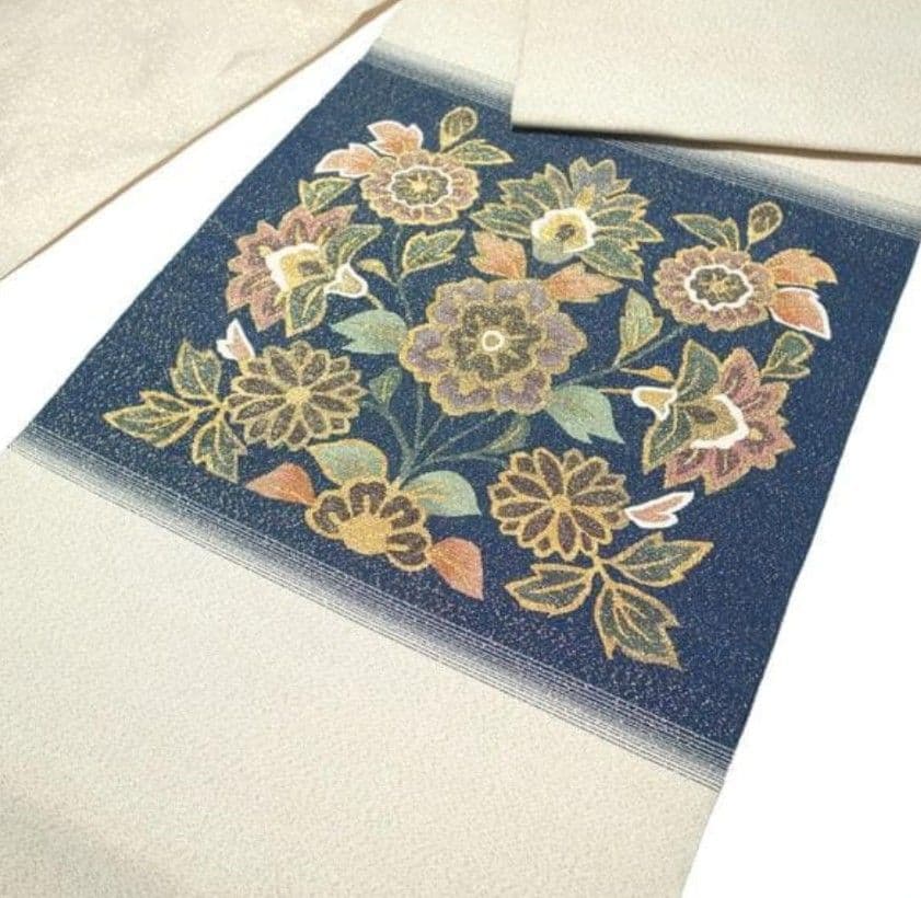 【美品】綴れ帯 河村織物 通年 アイボリー 花更紗 綴れ織 正絹 八寸 西陣