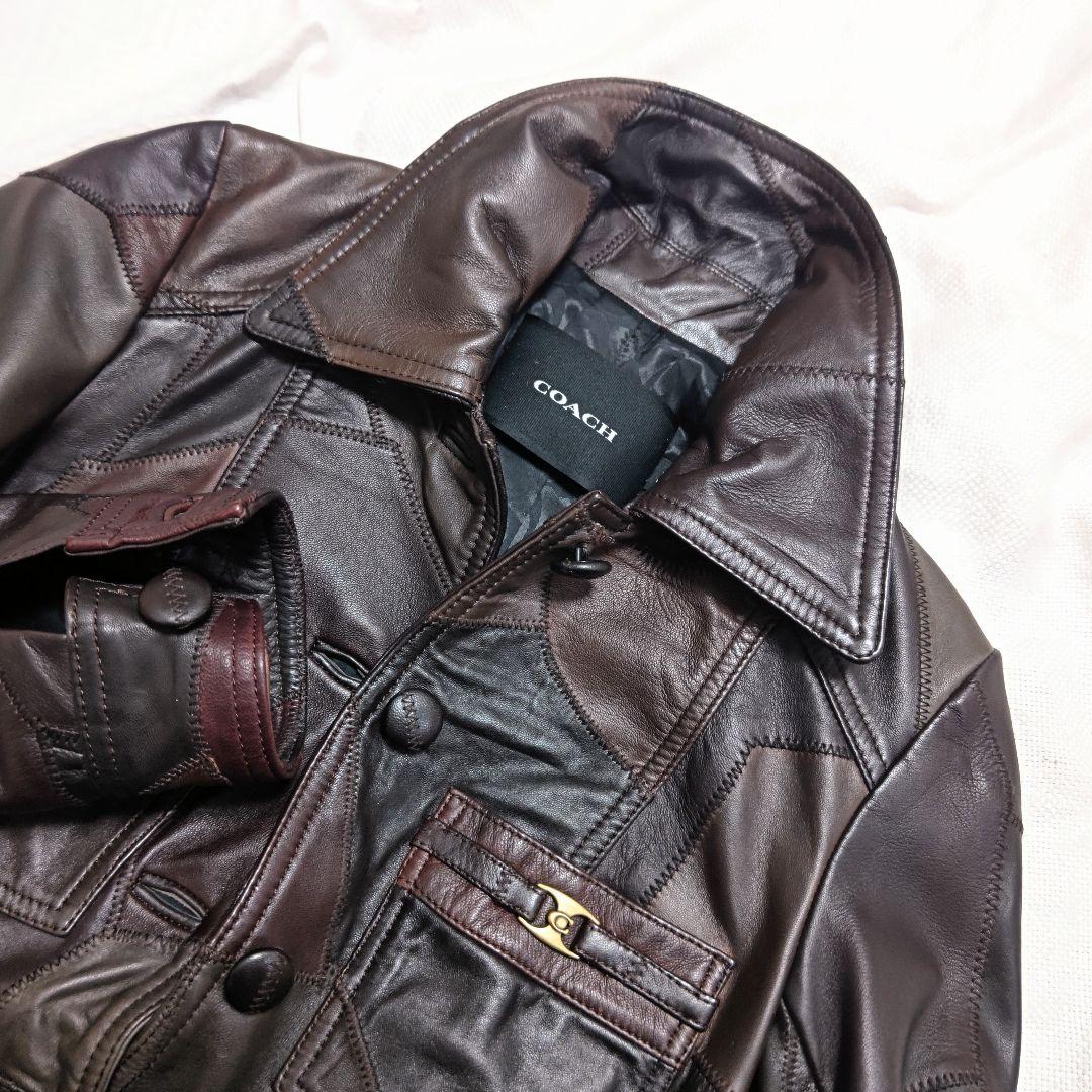 コーチCOACHアップサイクルパッチワークラムレザートレンチコートXS