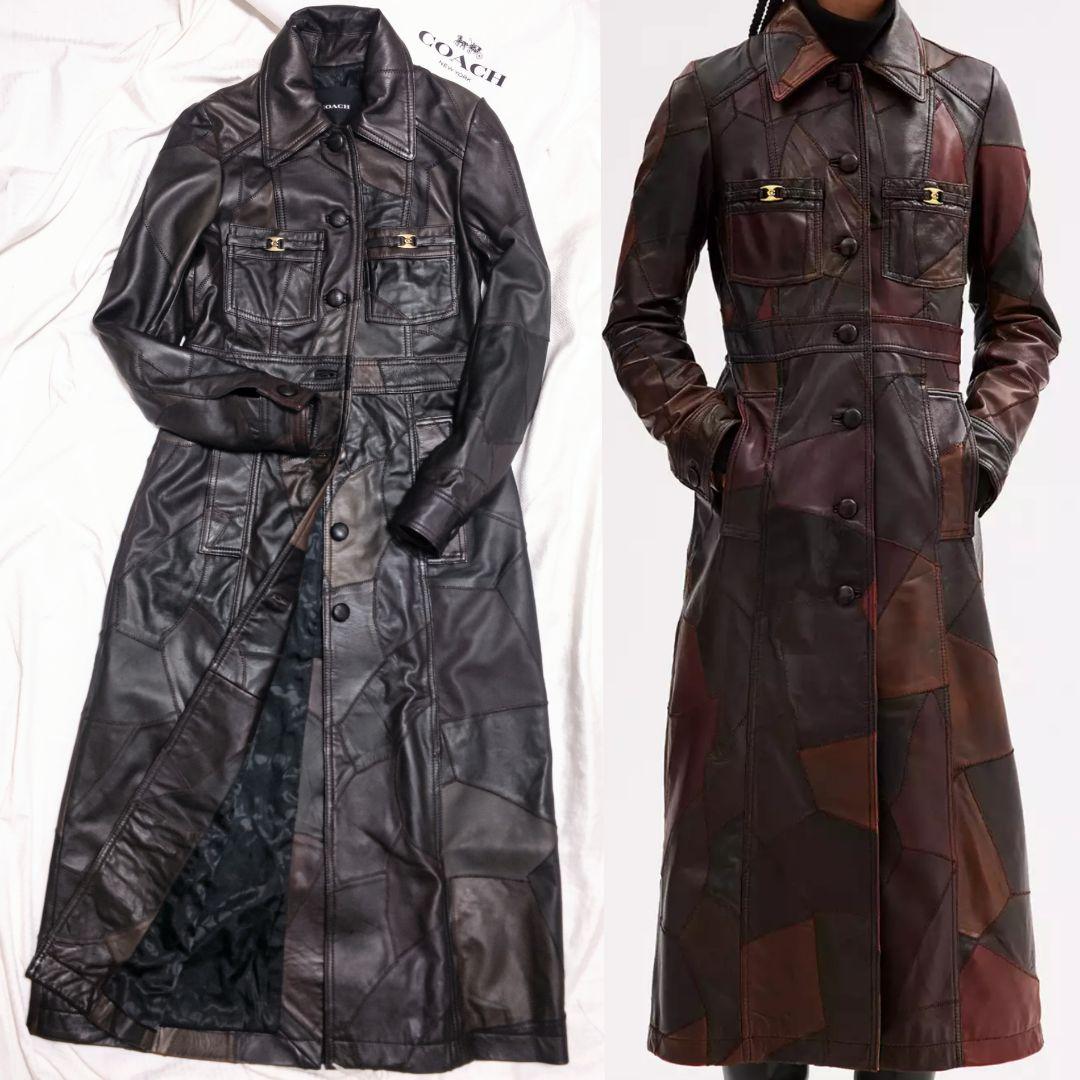 コーチCOACHアップサイクルパッチワークラムレザートレンチコートXS